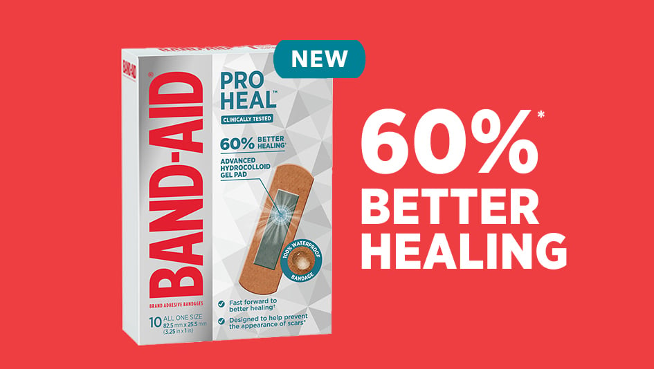 Banner including the front shot of BAND-AID® PRO HEAL™ Adhesive Bandages, 10 count.